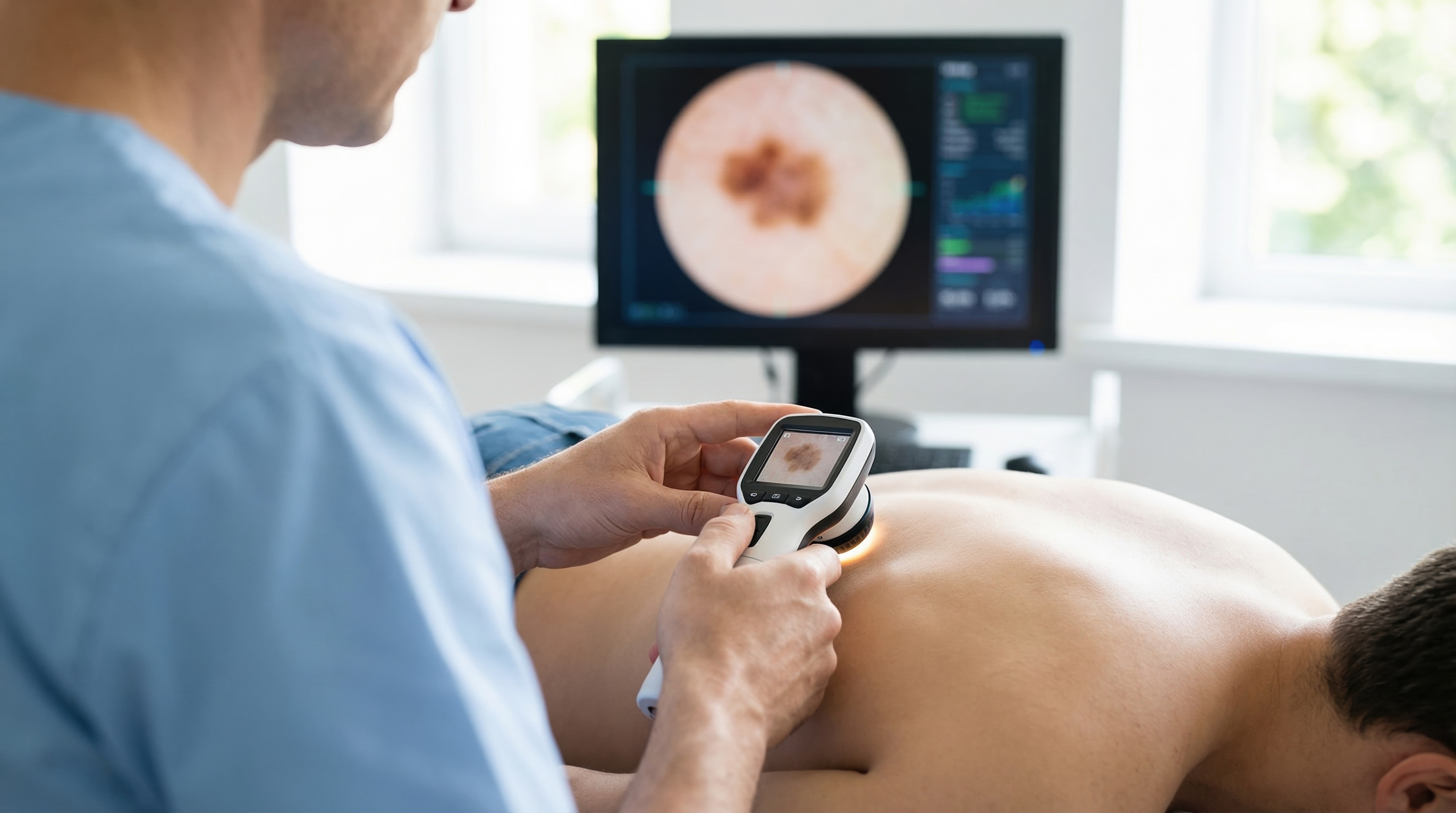 Examen de d&eacute;pistage du m&eacute;lanome et contr&ocirc;le des grains de beaut&eacute; chez un dermatologue &agrave; Saint-Cyr au sein du r&eacute;seau DermoSURG